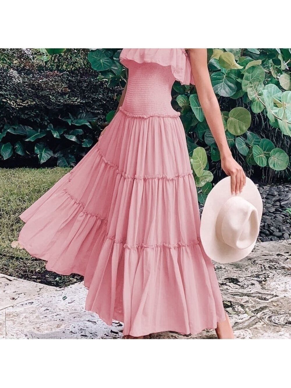 NEW- Lulu's Like a Fairy Tale Dusty Pink Smocked Tie-Strap Tiered Maxi Dress MD